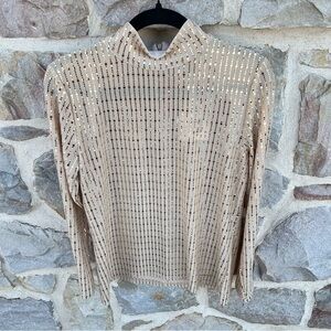 Anne Klein Gold Sequin Mock Neck Long Sleeve Blouse Size Small